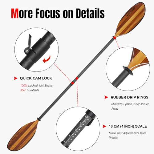 Kayak Paddle with Full Carbon Fiber Shaft and Wooden Blade, Floating Kayak Oars Anti-Collision Edge, Adjustable 220-230 cm/86-90 Inches
