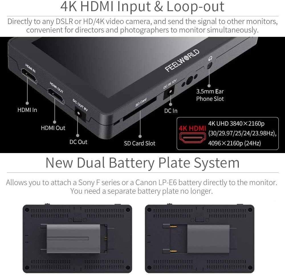FEELWORLD F6 Plus 5.5 inch DSLR Camera Field Touch Screen Monitor Small Full HD 1920x1080 IPS Video Peaking Focus Assist 4K HDMI 8.4V DC Input Output