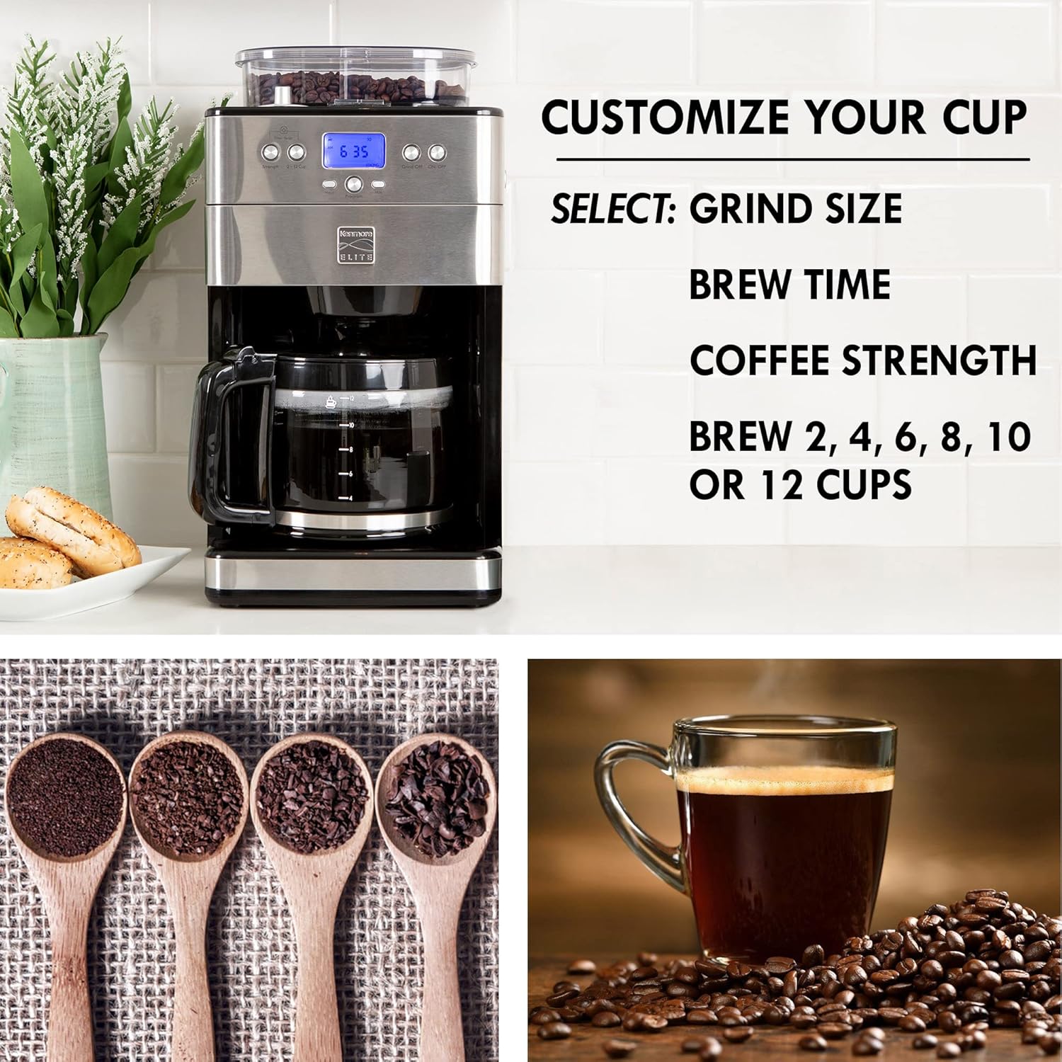 Kenmore Elite Grind and Brew Coffee Maker w/ Burr Grinder, 12 Cup Programmable Automatic Timer Brew Coffee Machine, Air-Tight Bean Hopper