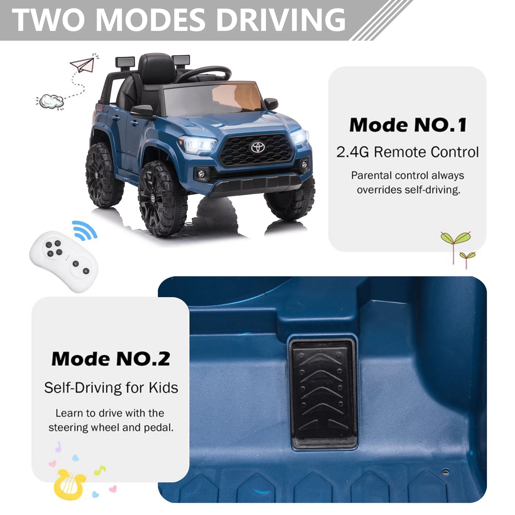 Licensed Toyota Tacoma Electric Ride on Vehicle for Kids, 12V Powered Ride on Car Toys with Remote Control, LED Lights, MP3 Player, Gray