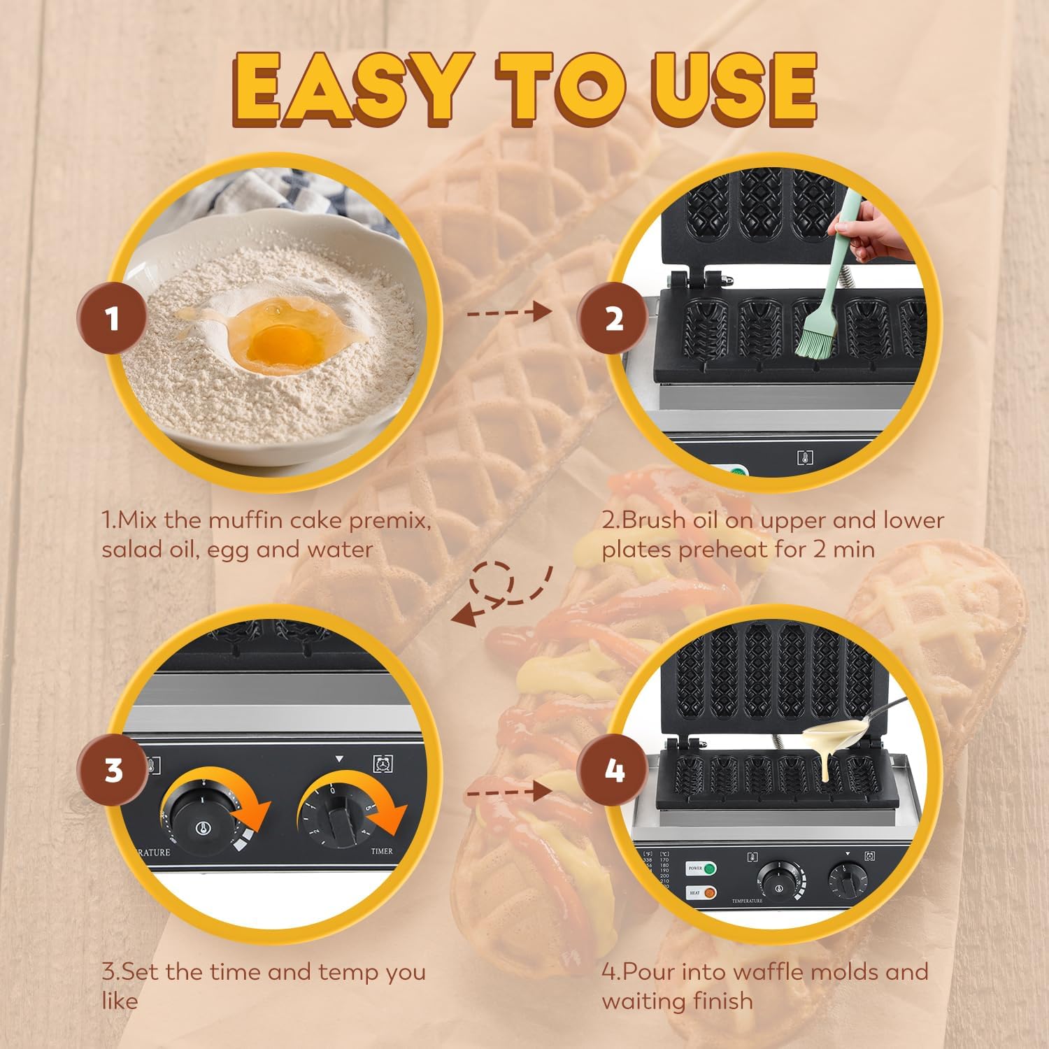 CGOLDENWALL Commercial/Home Corn Dog Waffle Maker Machine 1550W 6Pcs French Muffin Irons Non-stick Stainless Steel Waffle Stick Maker