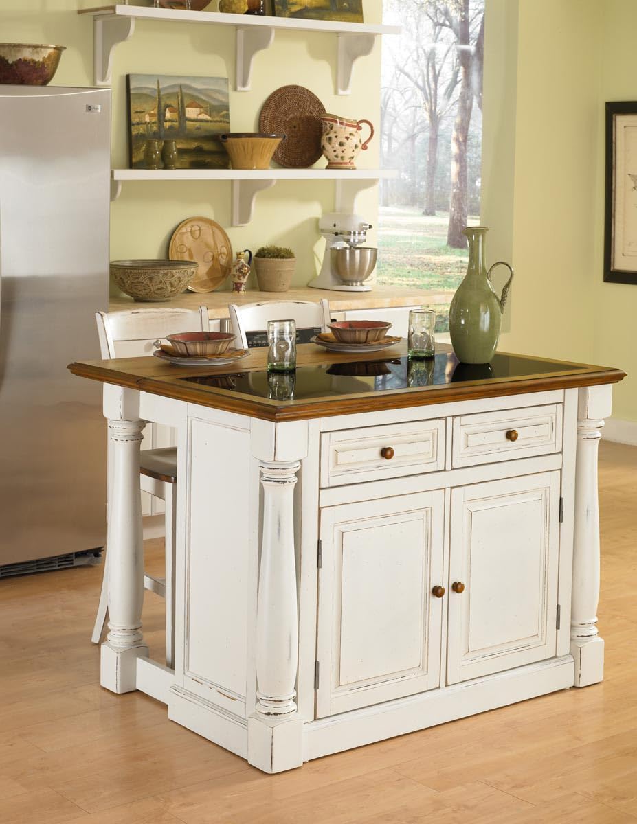 Home Styles Monarch White Kitchen Island with Granite Top, Breakfast Bar, Two Stools, Solid Oak Hardwood Top, Black Granite Inset, Two Drawers