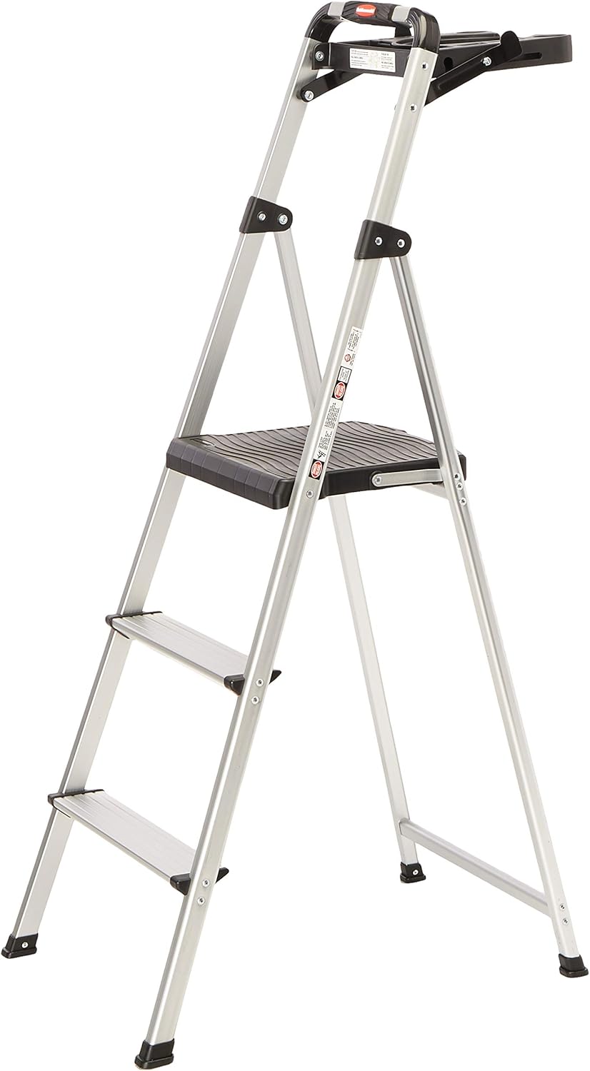 Rubbermaid RM-SLA3-T 3-Step Ultra Light Aluminum Step Stool with Project Tray, 225-Pound Capacity, Grey Finish