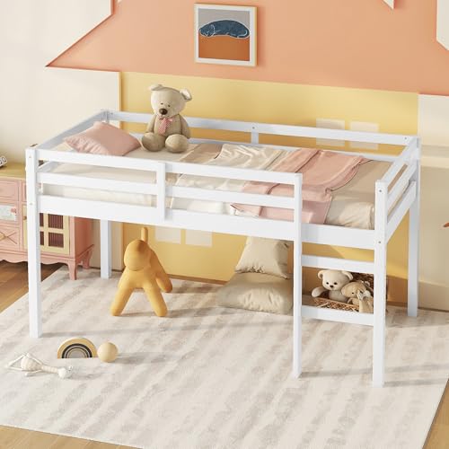 Low Loft Bed Twin Size, Kids Solid Wood Modern Loft Bed Frame with Ladder and Safety Guardrail for Girls Boys, Noise-Free,Non-Toxic Finishes