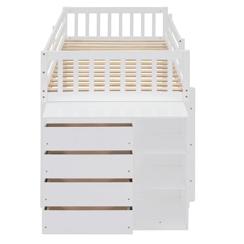 Ball & Cast Full Over Full Bunk Bed with Twin Size Trundle and Built in 4 Drawer,Wood Bunkbed w/Storage Ladder & Slat Support