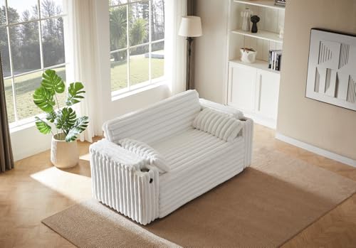 68.11" Corduroy Sleeper Chair Bed with USB Port, Cup Holders & Side Storage Pockets – 3-in-1 Foldable Sofa Bed for Guest Room, Living Room – White
