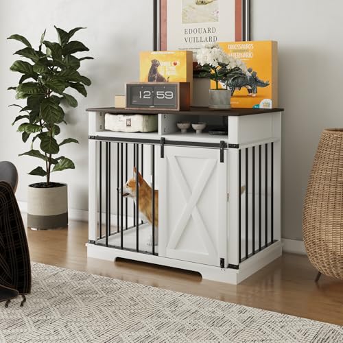 Aoowow Large Double Dog Crate Furniture 72.4" Indoor Dog Kennel with Sliding Barn Door and Divider