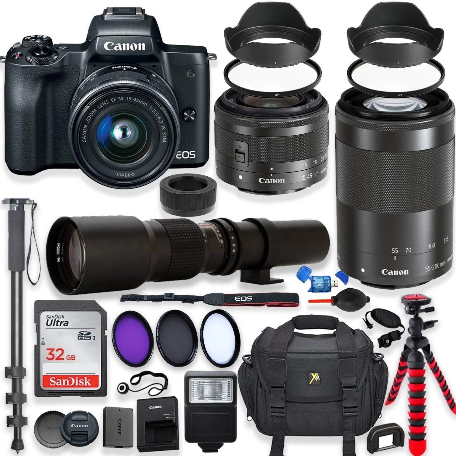 Canon EOS M50 Mirrorless Digital Camera with 15-45mm Lens Bundle + Canon EF-M 55-200mm f/4.5-6.3 is STM Lens & 500mm Preset Lens + 32GB Memory +