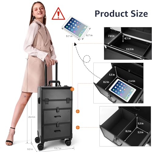 Yokilly Rolling Makeup Train Case, Professional Cosmetology Case on Wheels, Aluminum Cosmetic Trolley Travelling Cart Trunk with Swivel Wheels