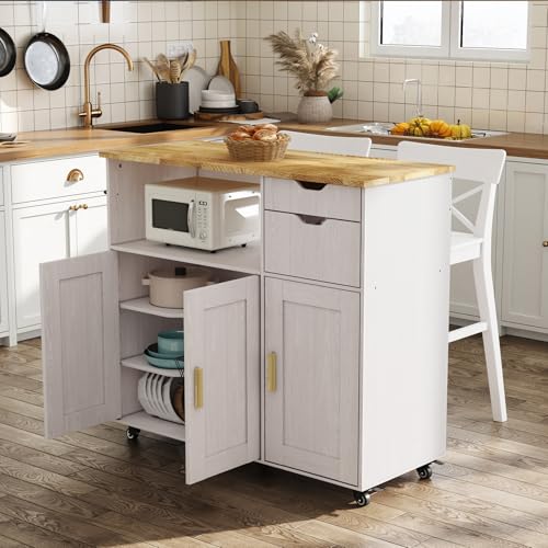 Rolling Mobile Kitchen Island Cart Bar with Drawer and Desktop Drop Leaf Countertop, Island Table Storage with 5 Wheels