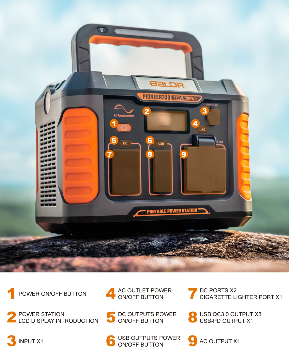BALDR Portable Power Station, Solar Generator with 120V Pure Sine Wave AC Outlet, Backup Lithium Battery Power Supply, 330W | 288Wh