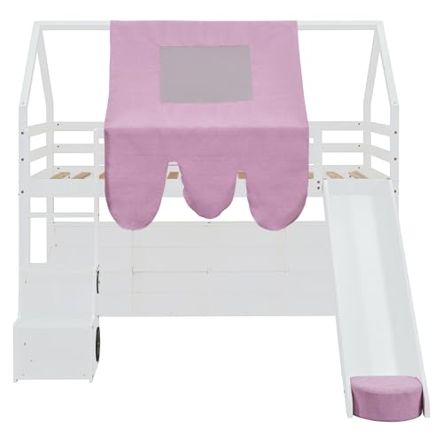 Harper & Bright Designs Kids Twin Low Loft Bed with Slide and Storage Shelves, Wood Playhouse Loft Bed Frame with a Tent & Stairs