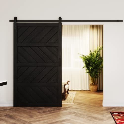 Sliding Barn Door 30”x84”, Black Barn Doors with Modern Paneled Wave Design, Complete Barn Door Set, Waterproof PVC Surface