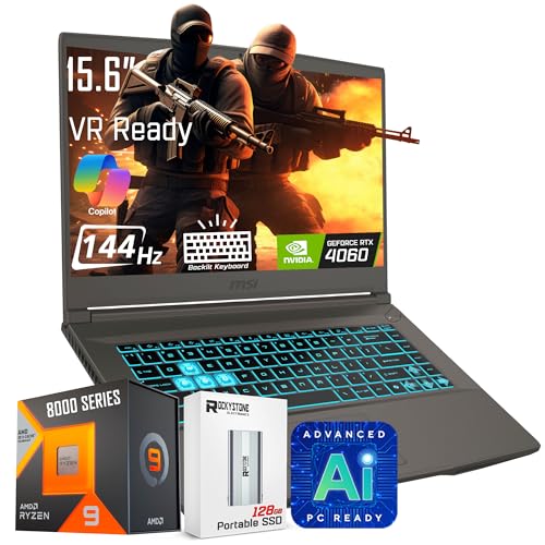 MSI Thin 15 Gaming Laptop, 15.6" FHD IPS Display, AMD Ryzen 9 8945HS(>i9-13900H, 5.2 GHz), GeForce RTX 4060, AI&VR Ready, Copilot+ PC