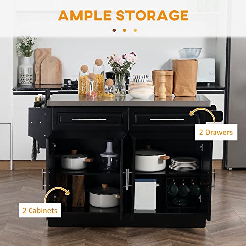 HOMCOM Rolling Kitchen Island Cart with Wheels, Portable Island Table for Kitchen with Stainless Steel Top, Adjustable Shelves, 2 Drawers, Spice