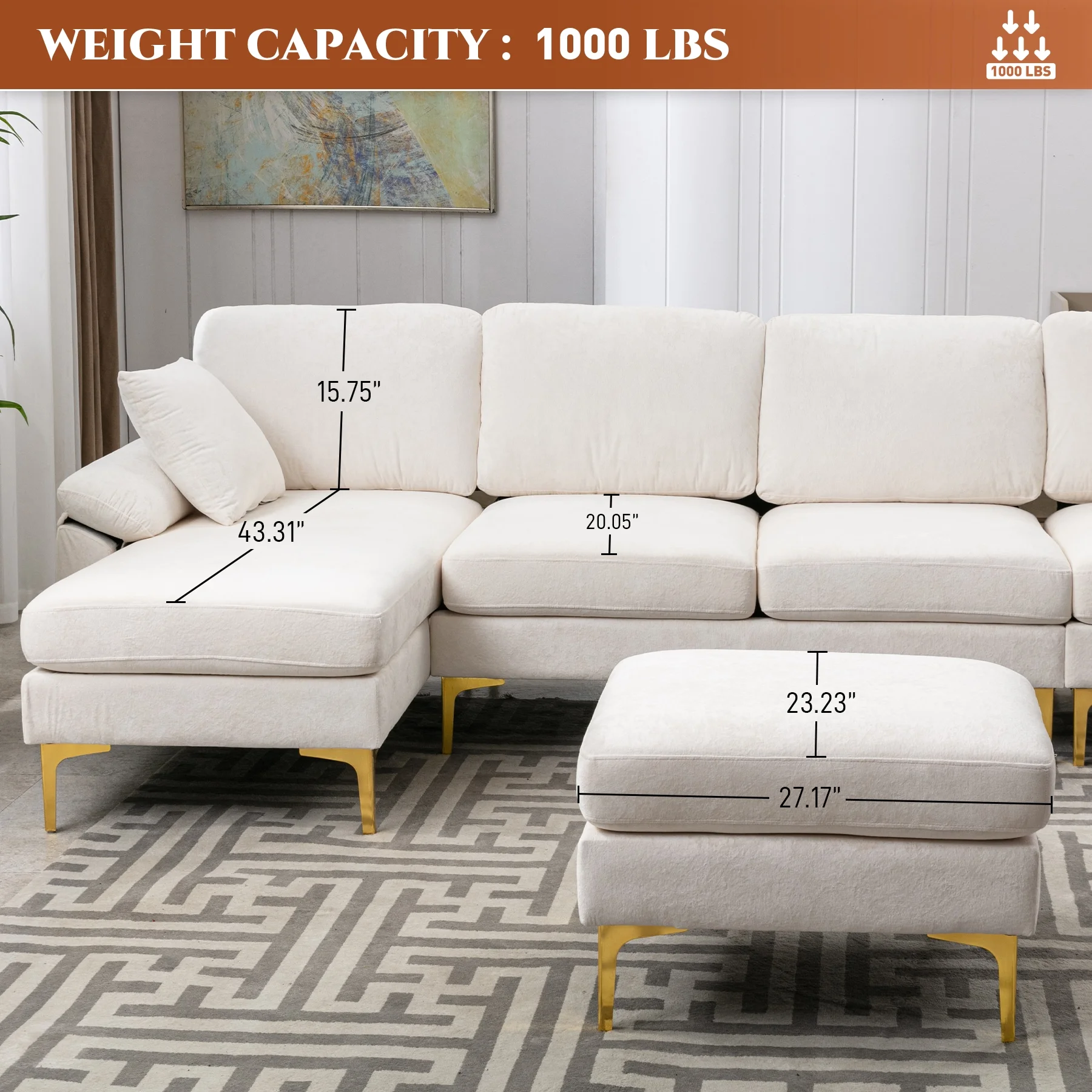 Rophefx Upholstered Velvet U-shaped Sectional Sofa With Ottoman