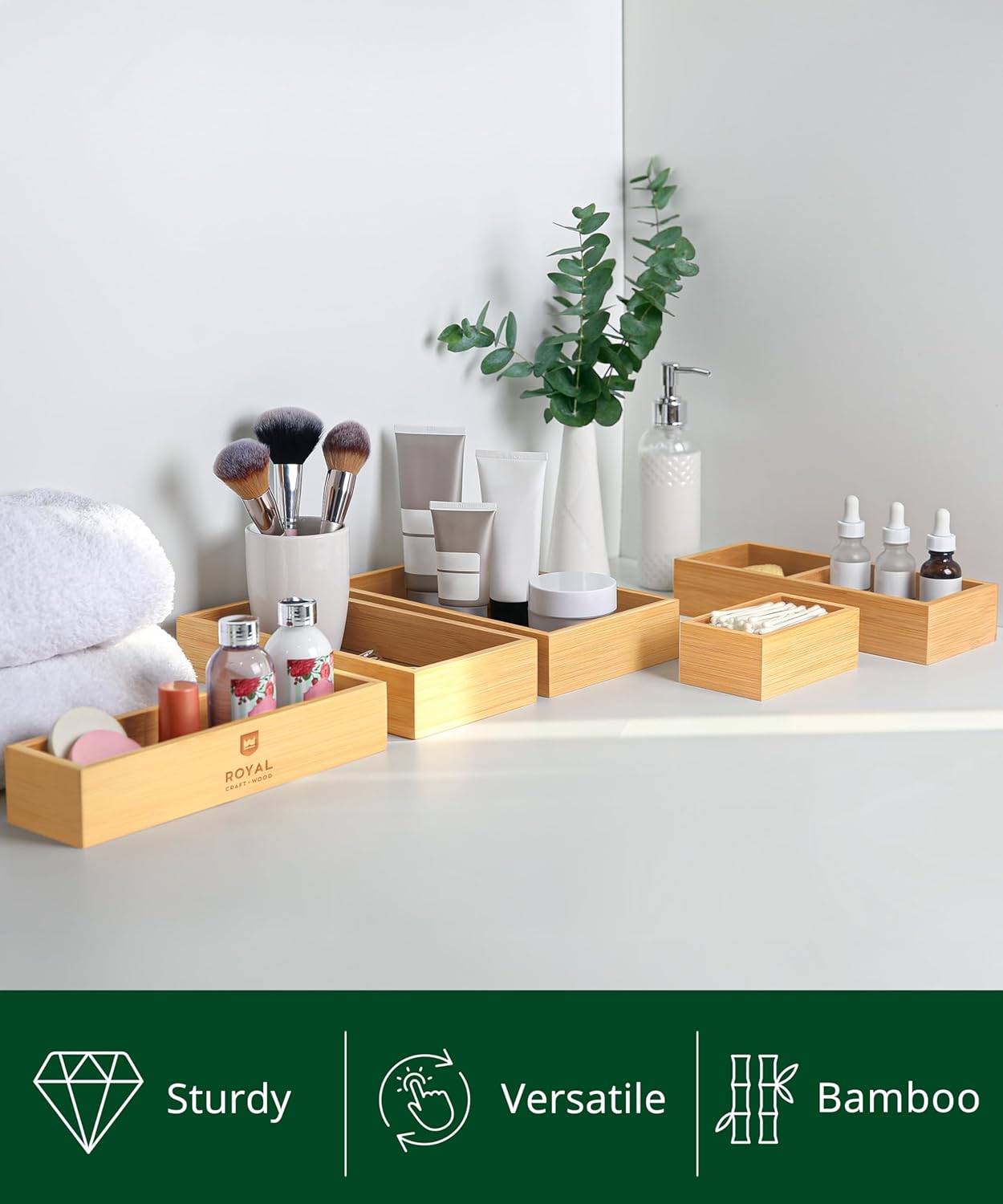 ROYAL CRAFT WOOD 5-Piece Bamboo Drawer Organizer Set – Multi-Use Storage Trays for Kitchen, Bathroom, Office, Makeup