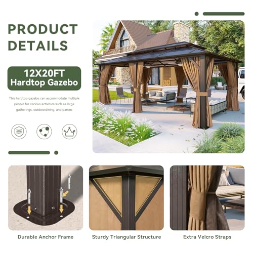 Aoxun 12'x10' Hardtop Gazebo, Aluminum Frame Permanent Pavilion with Curtains and Netting, Outdoor Polycarbonate Double Roof Canopy