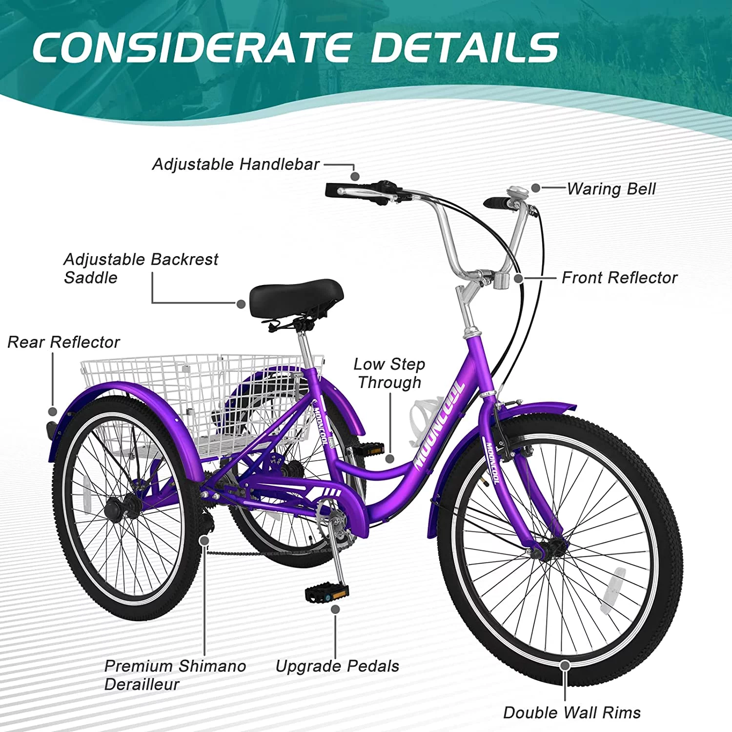 Docred Adult Tricycle 7 Speed 24 Inch Three Wheel Bike Cruiser Trike for Men/Women/Seniors
