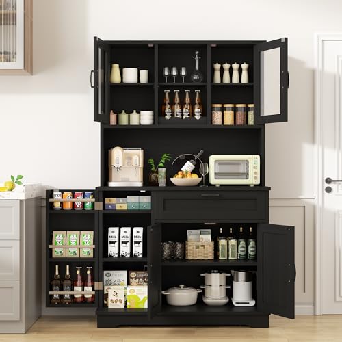 Shintenchi Kitchen Pantry Storage Cabinet, Freestanding Buffet Cabinet with Microwave Stand & 4 Door Shelves, Kitchen Hutch with Doors