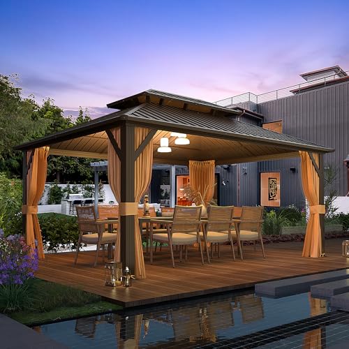 YOLENY 10' x 12' Hardtop Gazebo, Metal Gazebo with Aluminum Frame, Double Galvanized Steel Roof, Curtains and Netting Included