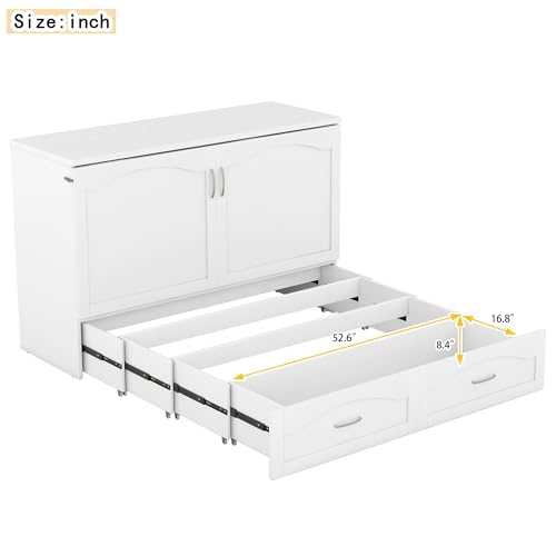 Queen Size Solid Pine Murphy Bed Chest,Cabinet Hideaway Bed with Charging Station and Large Storage Drawer,Wood Wall Bed can be Folded