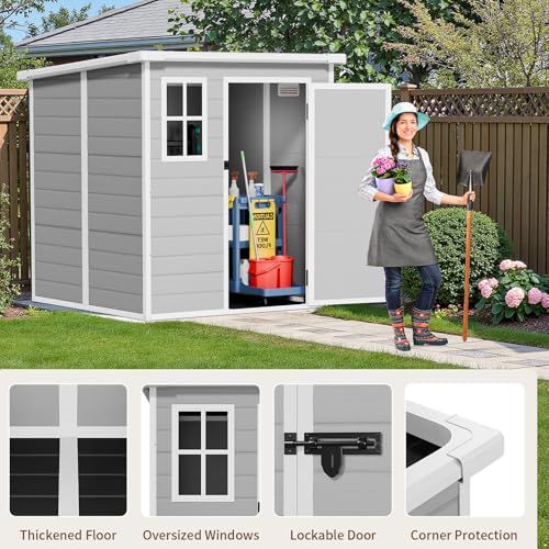 NicBex 6×5 Resin Outdoor Storage Shed with Floor & Window– All-Weather Lockable Small Tool Shed