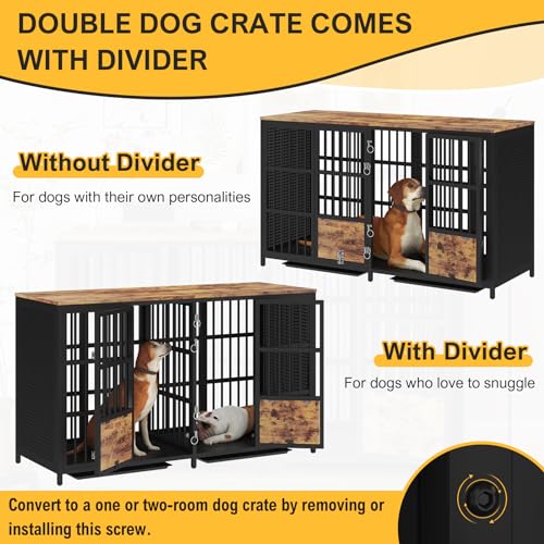 BOINN Large Dog Crate Furniture, 63 inch Heavy Duty Double Dog Crate with Divider