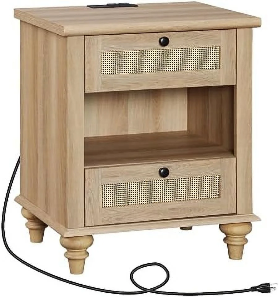 Rattan Nightstand End Table with Charging Station  Farmhouse Small Side Table for Living Room with 2 Drawers  Natural Wood Night Stand Bedside Table