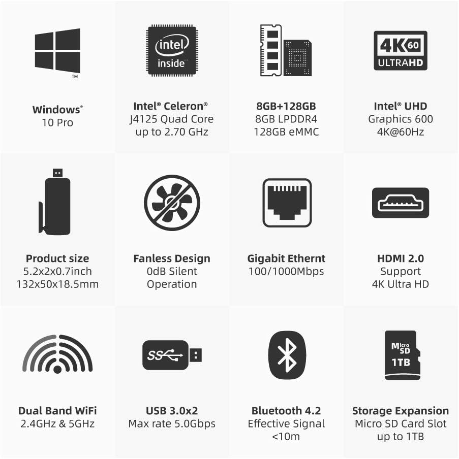 MeLE PCG02 Fanless Mini PC Stick Windows 11 Pro Celeron J4125 8G/128G Portable Computer Stick for Business & Home Video Support HDMI 4K 60Hz, BT4.2
