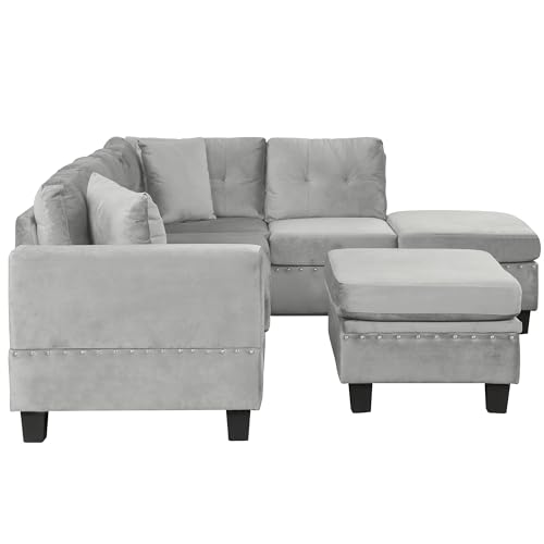 Merax Modern Sectional Sofa with Storage Ottoman, L Shaped Couch with 2 Pillows and 2 Cup Holders