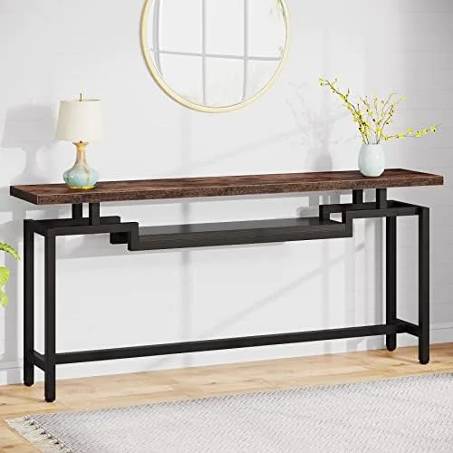 KHBIULIFE 70 inch Sofa Table  Narrow Long Console Table with 2 Tiers  Industiral TV Console Behind Couch Table with  for Entryway  Living Room  Brown