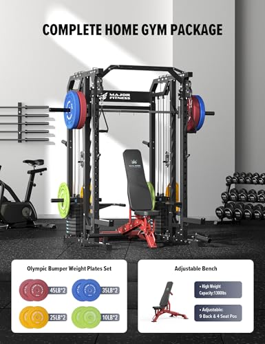 Major Fitness Smith△ Machine Drone2 Premium, All-in-One Home Gym Squat Rack with Aluminum Pulley Set , Weight Bar