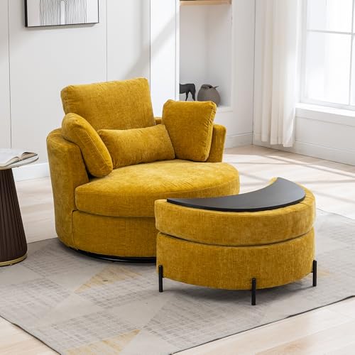 Aoiy & Wifon 42.2" W Oversized Swivel Barrel Chair with Ottoman, Upholstered Round Accent Chair with Storage Ottoman, Chenille, Beige