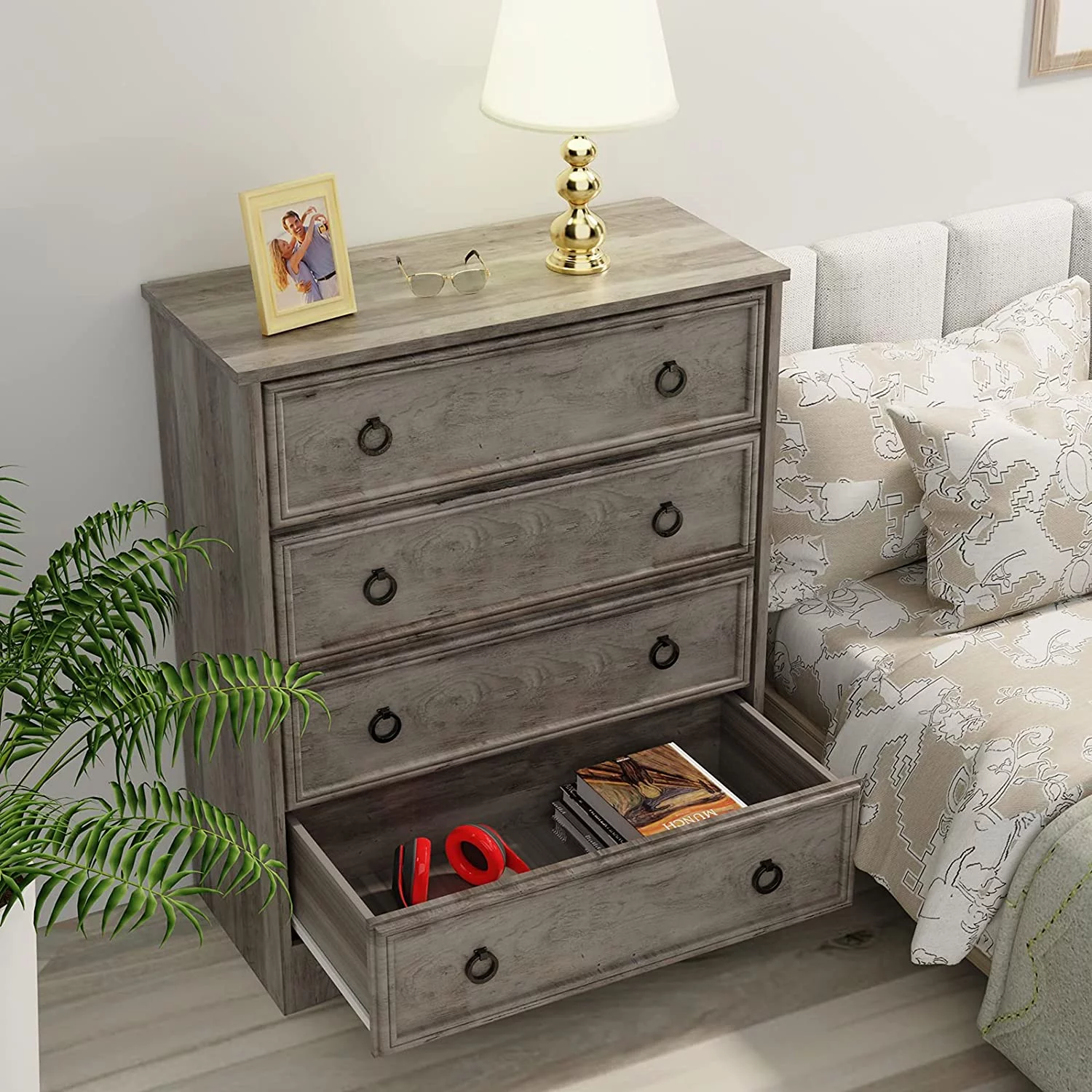 LGHM 4 Drawer Dresser, Modern Wood Chest Dresser for Bedroom Livingroom Gray