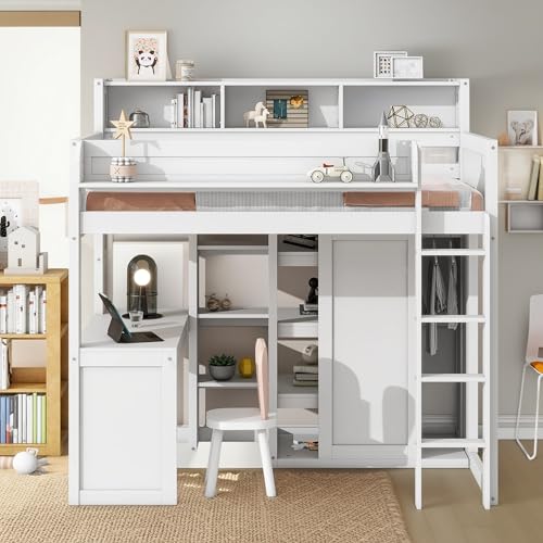 Full Size Loft Bed with L-Shaped Desk, Wardrobe and Storage Shelves, Solid Wood Bedframe w/Safety Guardrails & Ladder for Kids Teens Adults