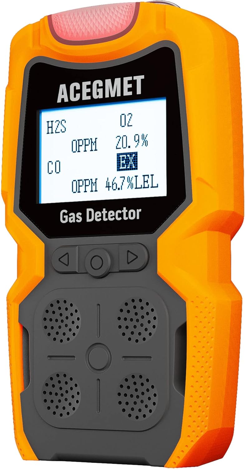 Gas Detector, ACEGMET 4 Gas Monitor Multiple Indicator (Vibration, Audible, Visual) H2S, O2