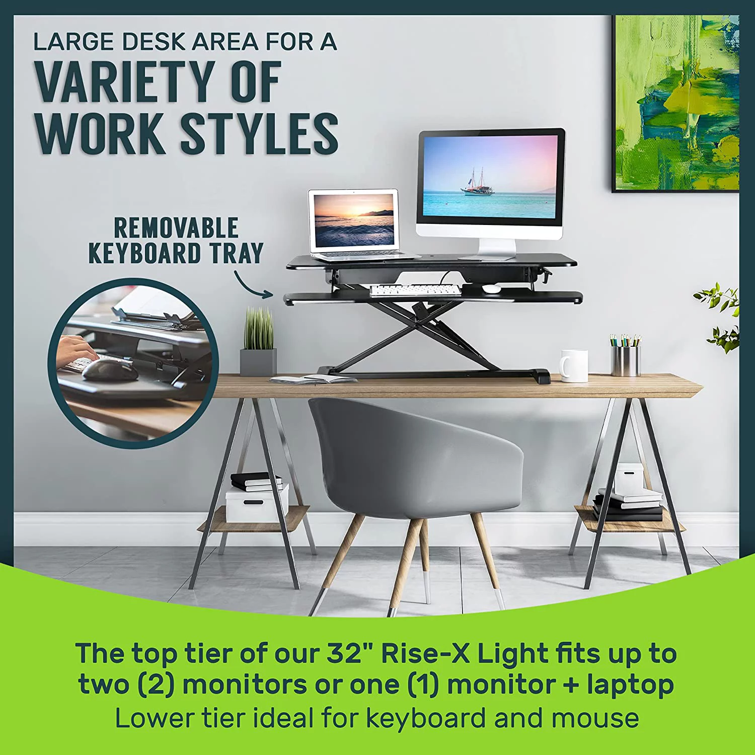 TechOrbits Standing Desk Converter, 32-inch Height Adjustable, MDF Wood, Sit-to-Stand Desk Risers for Dual Monitor Workstation