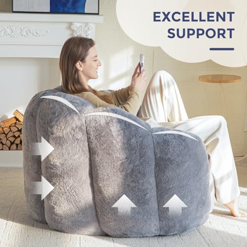 MAXYOYO Bean Bag Chair for Adults, Floral Shaped Bean Bag Sofa, Ultra Soft Faux Fur Floor Sofa, Large Reading Chair for Living Room Bedroom, Beige