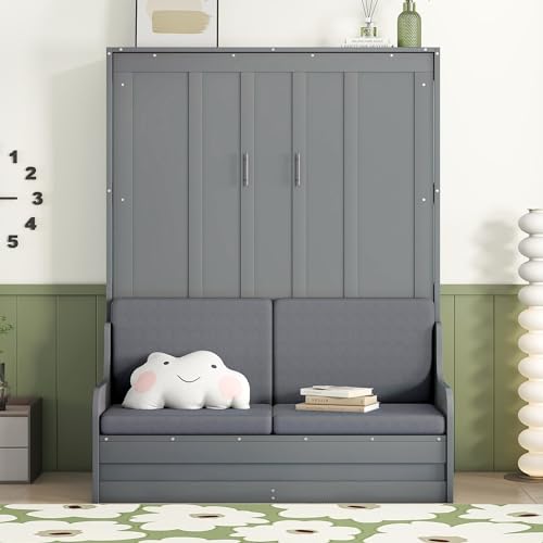 Ball & Cast Murphy Bed Wall Bed Queen Size with Cushion,Sofa Platform Bedfram Chest can be Folded,Wood Folding Hideaway w/Slat Support