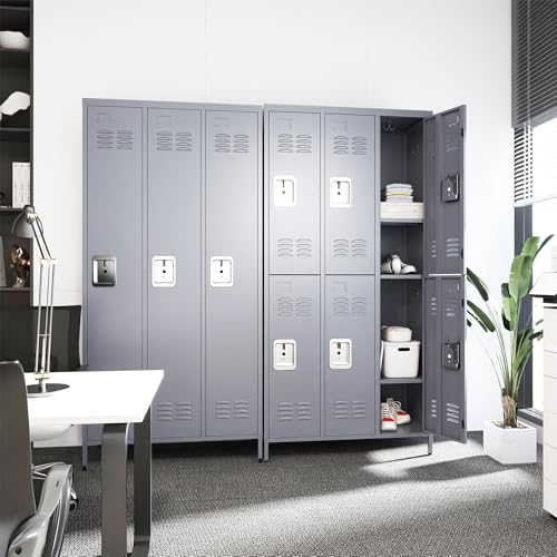 3 Doors Lockers for Employees, Steel Storage Lockers Lockable, Metal Locker Storage Cabinet for Home Office School Gym, Require Assembly (Grey)