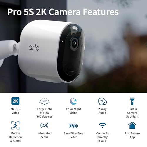 Arlo Pro 5S Spotlight Security Camera 2K HDR | Outdoor | Wireless | Dual-Band Wi-Fi Connects to Strongest Network |12X Zoom, 2-Way Audio, Siren