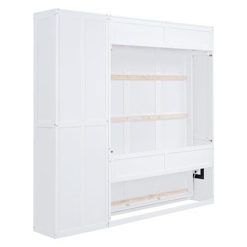Harper & Bright Designs Full Size Murphy Bed Wall Bed with Storage Shelves, Drawers and LED Lights