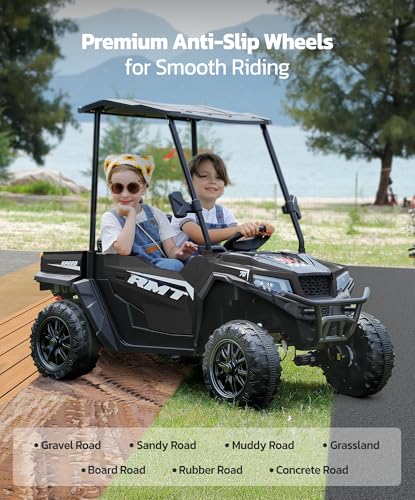 ELEMARA 24V Ride on Toy for Big Kid,Ride on Car 2 Seater w/Sun Shade,Dump Bed & Shovel,4.5MPH,4WD Electric Car for Kids,Battery Car w/Remote