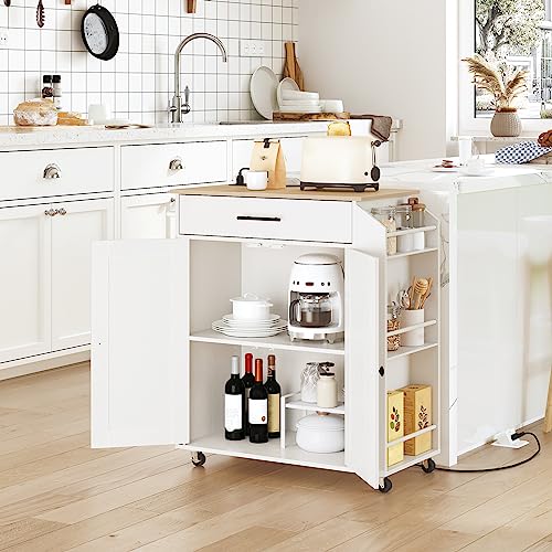 HOOBRO Kitchen Island with Power Outlet, Kitchen Storage Island with Spice Rack and Drawer, Rolling Kitchen on Wheels, for Home, Dining Room