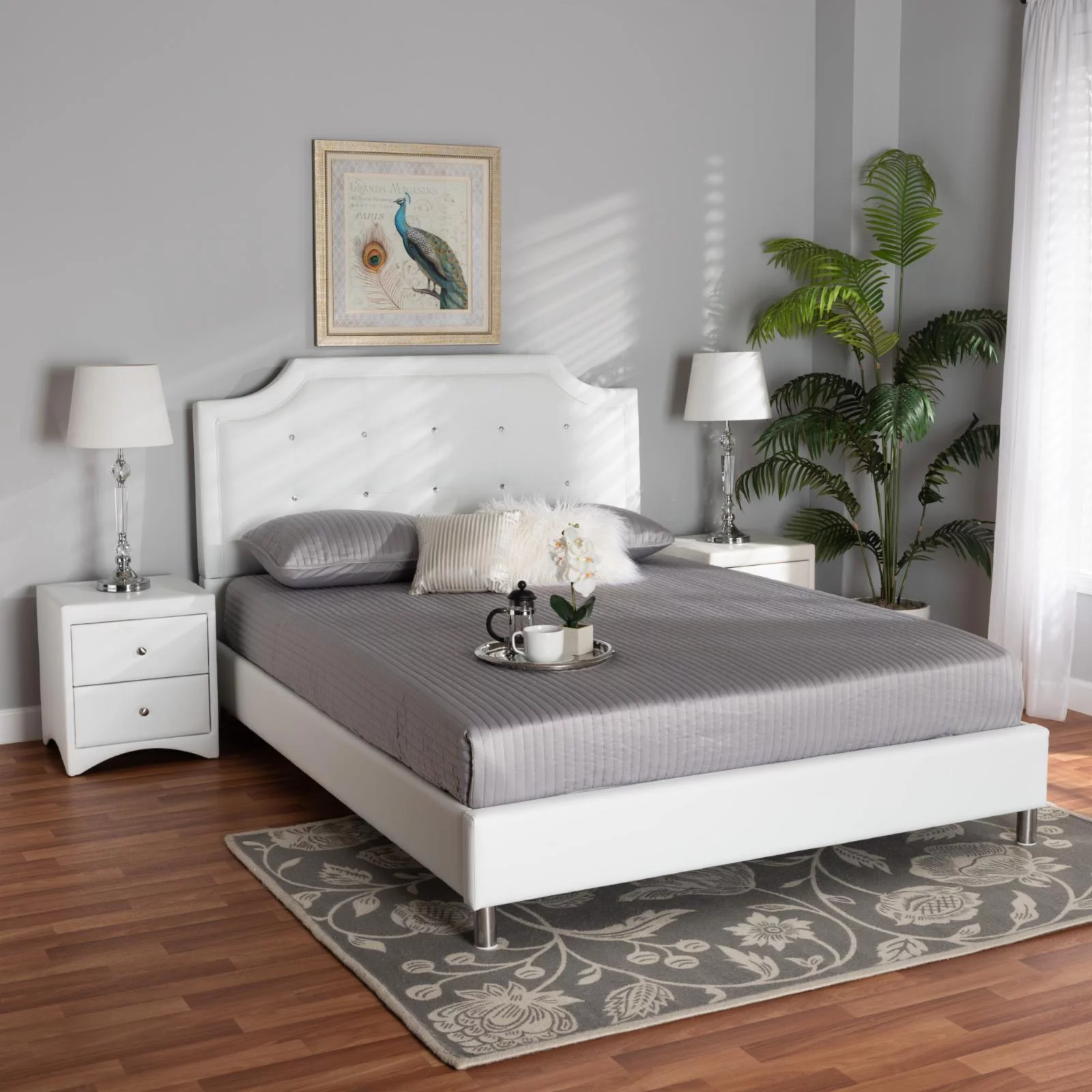 Baxton Studio Carlotta Contemporary Glam White Faux Leather Upholstered King Size 3-Piece Bedroom Set