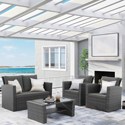 Wisteria Lane 4 Piece Outdoor Patio Furniture Sets, Wicker Conversation Set for Porch Deck, Gray Rattan Sofa Chair with Cushion
