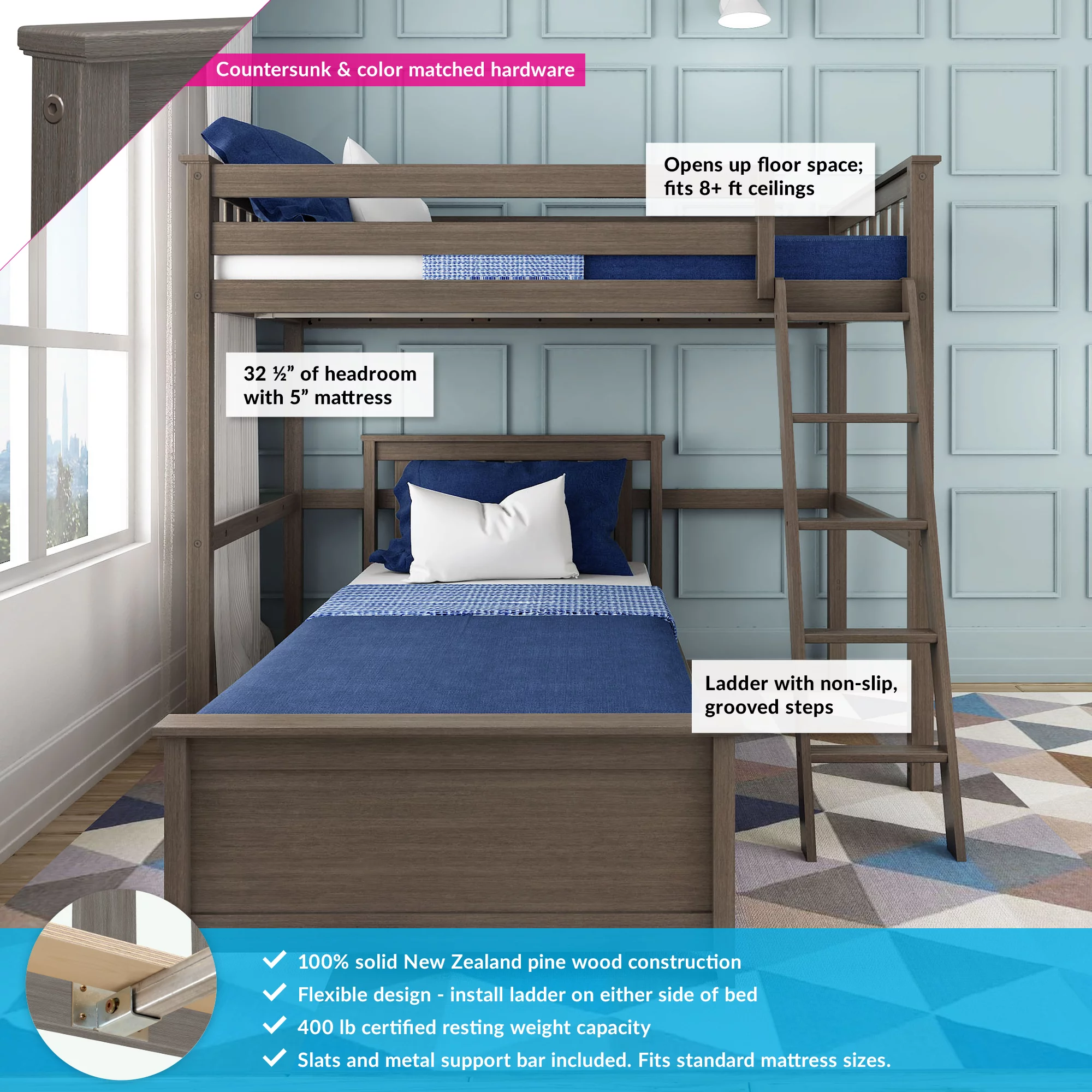 Max & Lily Wood L-Shaped Bunk Bed Twin over Twin for Kids, White
