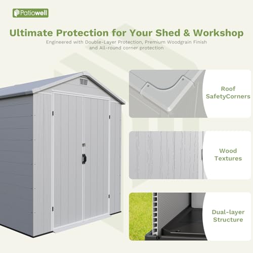 Patiowell 6 x 8 FT Plastic Outdoor Storage Shed with Floor, Resin Outside Tool Shed with Two Windows and Lockable Easy to Install, Door for Garden