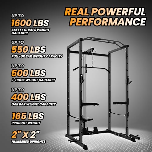 Power Cage with LAT Pulldown, Multi-Functional Power Rack with Cable Pulley System and J-Hooks, Squat Rack with Dip Bars and Landmine Attachment